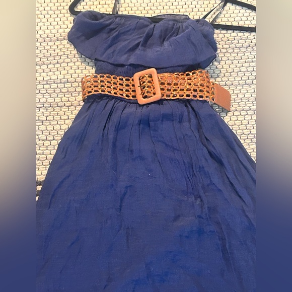 Strapless Navy Dress with Belt Flowy Summertime Dress - Picture 2 of 5